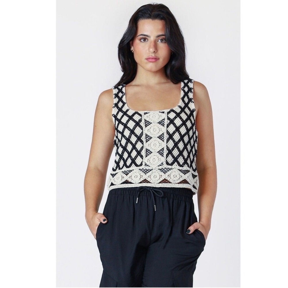 Calle Crochet Lined Tank Top Black‎ Natural Geometric Scalloped XL NEW